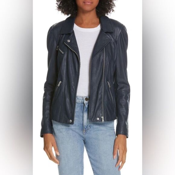 Rebecca Taylor Blue Moto Genuine Leather Jacket Full Zip Long Sleeve Size 2 - Picture 1 of 12